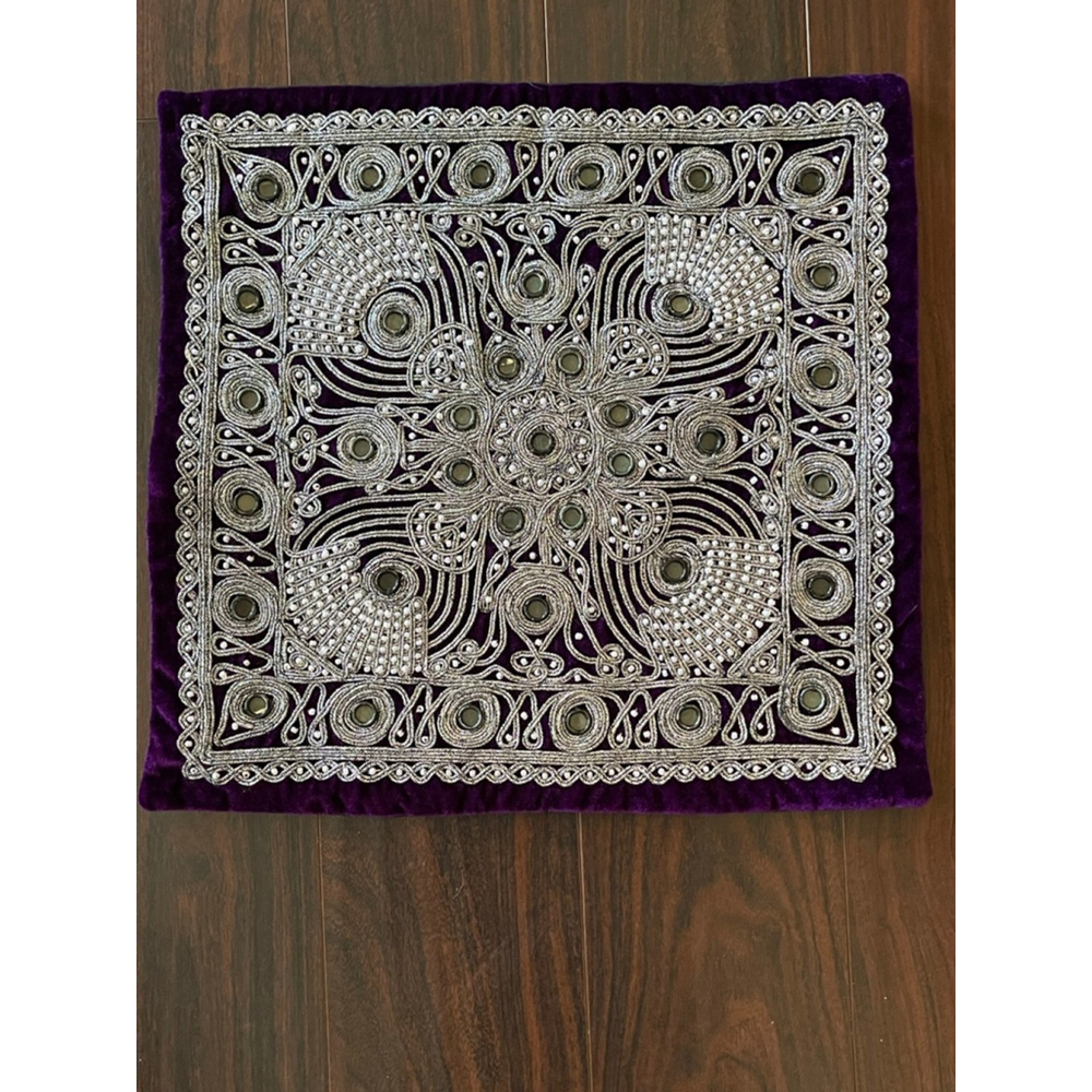 Vintage Indian Velvet Mirrorwork Pillow Cover 15x15 – Zari Embroidered